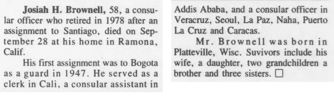 Josiah H Brownell obituary in the State Department magazine