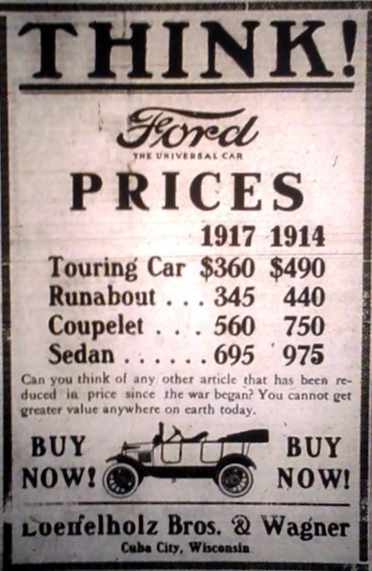 Late 1917 advertisement comparing Ford prices