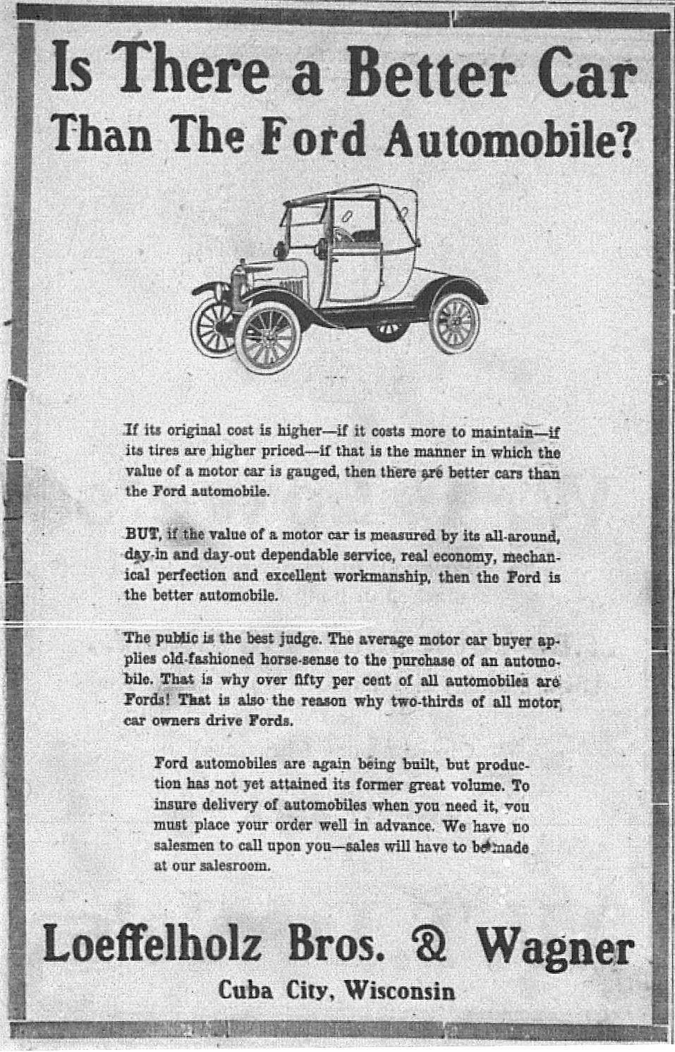 Loeffelholz Brothers and Wagner Ford advertisement from December 1918