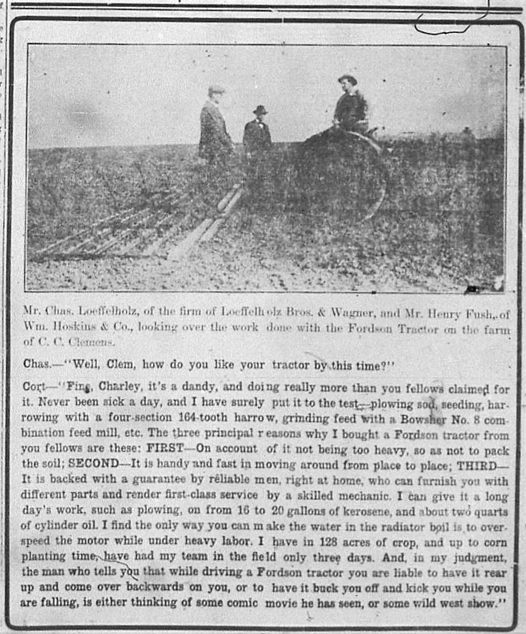 1919 Fordson advertisement naming Charles Loeffelholz in a group photograph