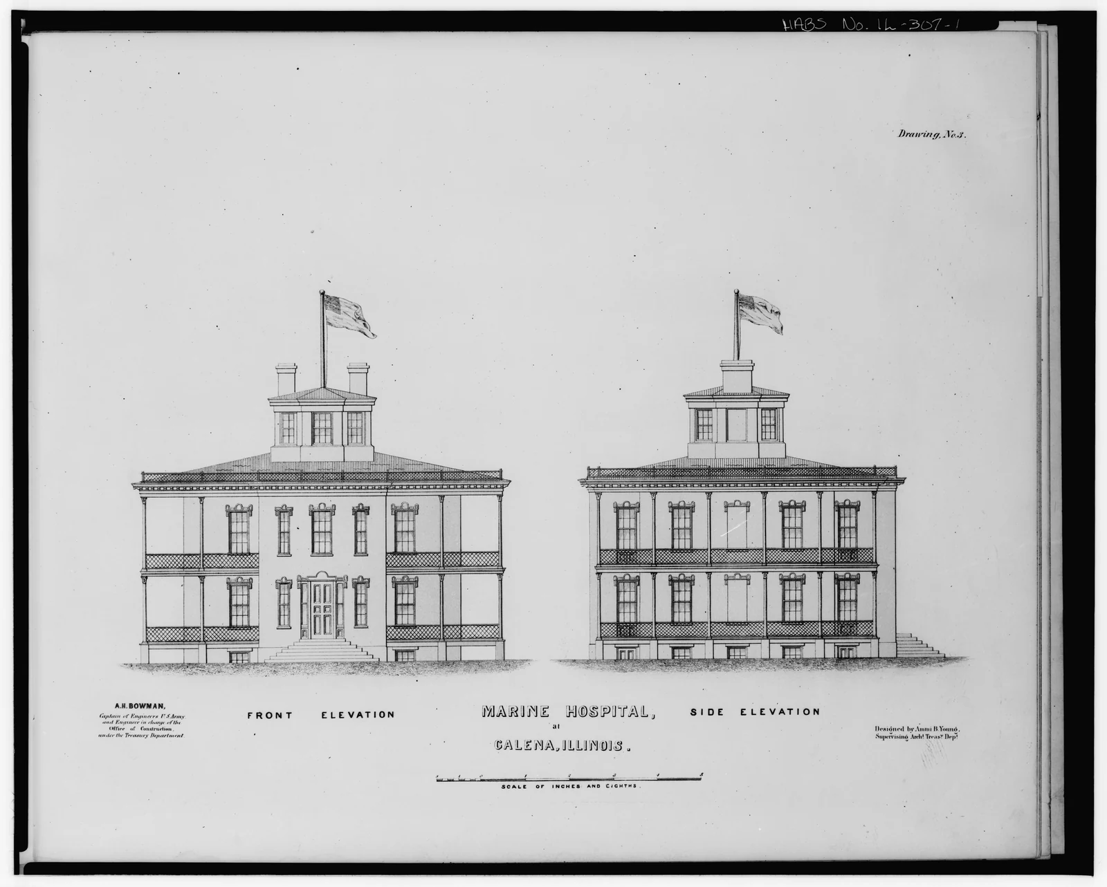 Historic front and side elevations of the Marine Hospital