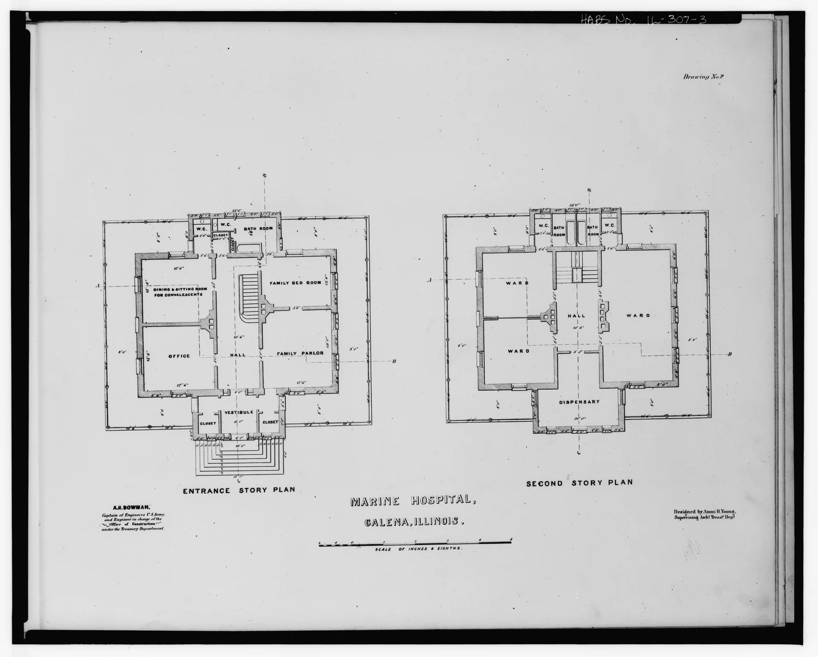 Historic first and second floor plans of the Marine Hospital